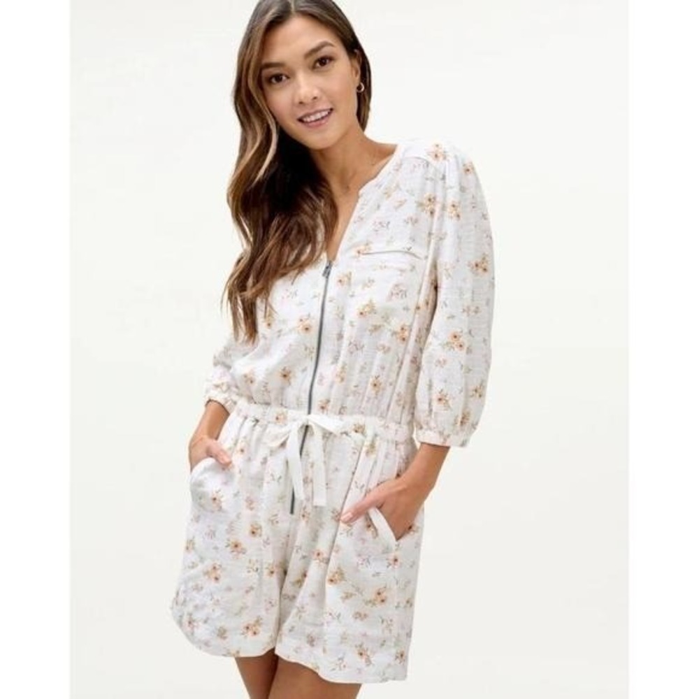 Mary Lawless Lee X Splendid Womens Puff Sleeve Elastic Waist Zip Front Romper XS